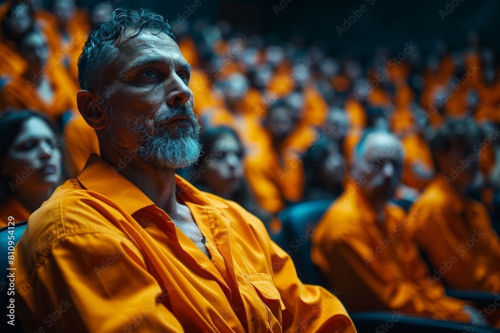 Aged man in orange garment with attentive orange-clad audience behind