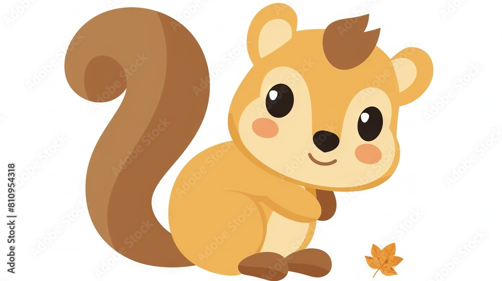 A cartoon squirrel is sitting on the ground, holding a leaf in its mouth and staring at the ground A cartoon squirrel is sitting on the ground, holding a leaf in its mouth and staring at the ground