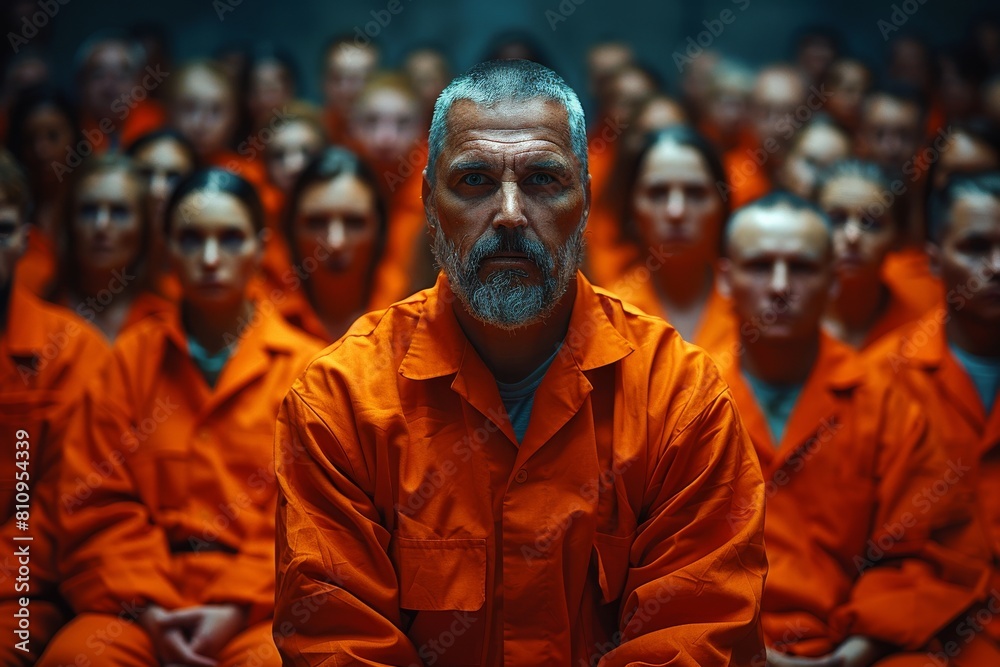 Middle-aged bearded man with a stern stare in prison uniform against a crowd of inmates