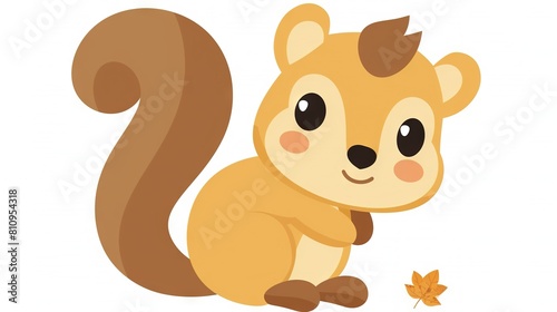   A cartoon squirrel is sitting on the ground  holding a leaf in its mouth and staring at the ground