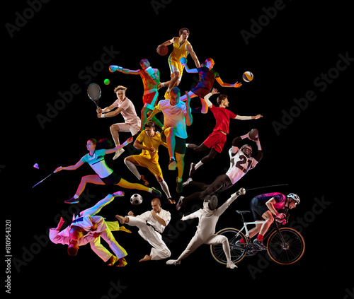 Vivid sport collage. Athletes in tennis, basketball, volleyball, cycling, fencing, and martial arts against black background. Concept of healthy lifestyle, professional sport, team, fitness. Ad photo