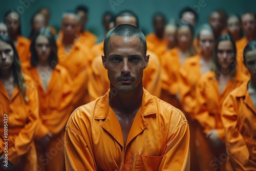 A young male prisoner with a focused look surrounded by other inmates in orange photo