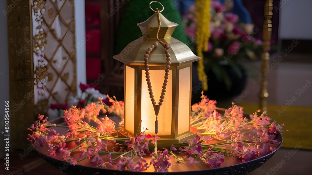 Eid-al-Adha Elegance Golden Lantern, Wooden Rosary, and Floral Splendor Eid-al-Adha Elegance Golden Lantern, Wooden Rosary, and Floral Splendor