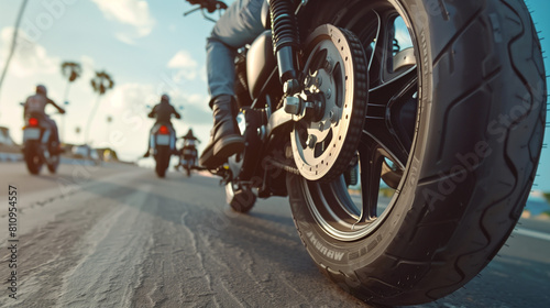 Closeup of motorcycle parade on highway, biker show concept photo