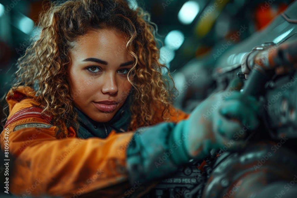 Obraz premium A serious mechanic with a determined look adjusts complex machinery in a vibrant workshop