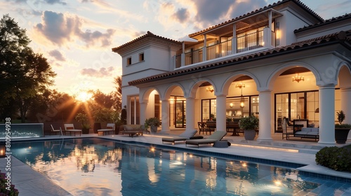 Sunset side view of a Mediterranean-style villa with a large pool and patio by the poolside.
