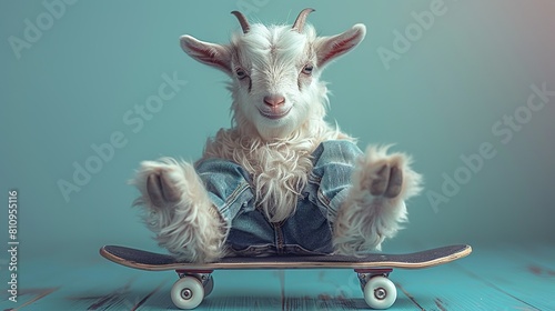  A goat balanced on a skateboard resting atop a wooden floor with one hoof poised on the board photo