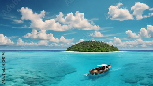 Boat in turquoise ocean water against blue sky with white clouds and tropical island. Natural landscape for summer vacation  panoramic view