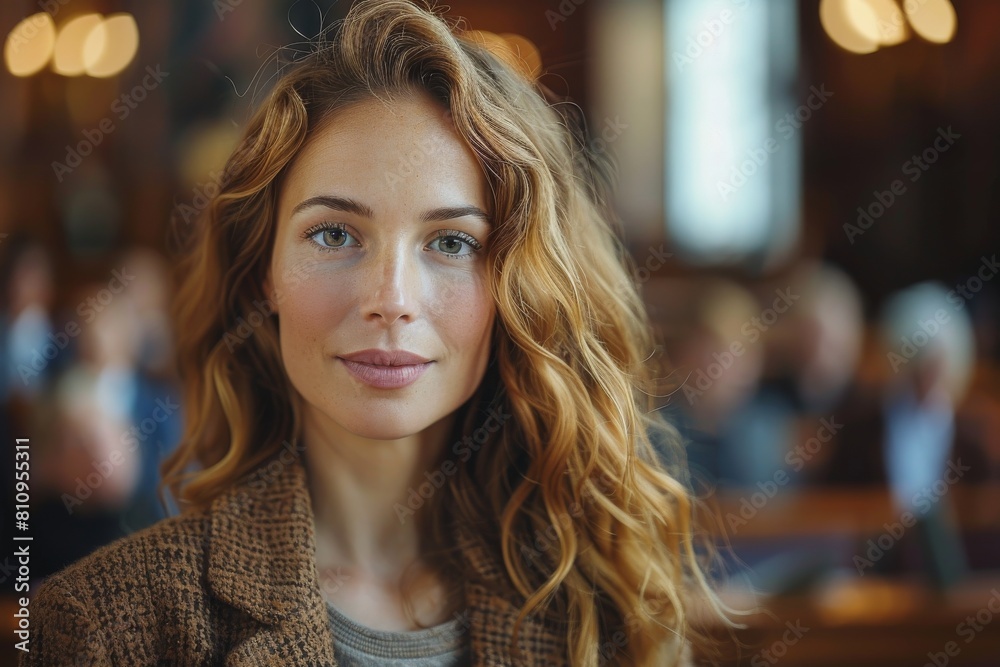 Obraz premium Elegant portrait of a woman with deep curly hair and a subtle, composed smile
