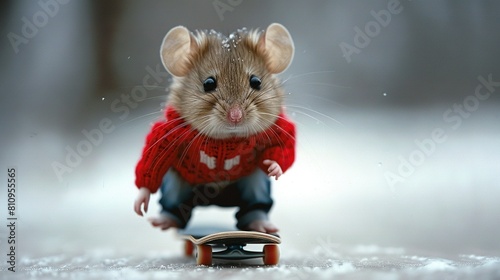  A mouse in a sweater on a skateboard on snow with its front paws on the board