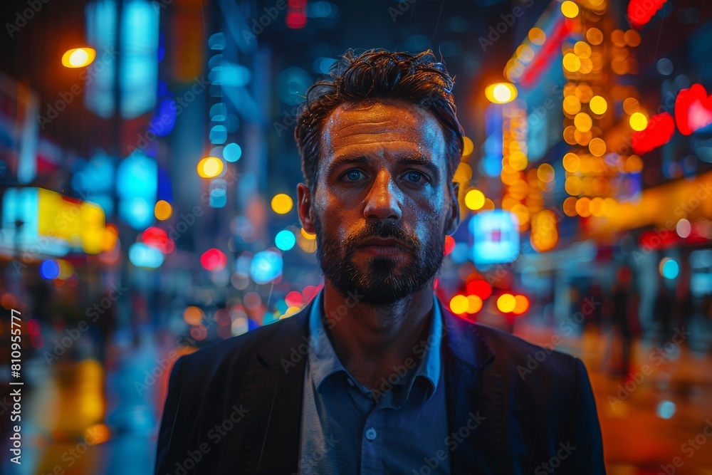 Serious man with beard in a business suit with reflections of neon lights on his face in a cityscape at night Serious man with beard in a business suit with reflections of neon lights on his face in a cityscape at night
