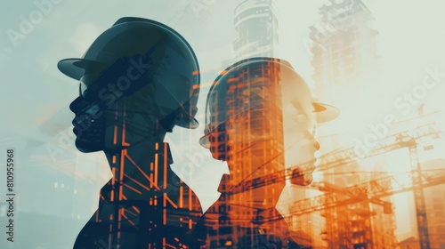 Silhouettes of engineer working at corporate office in industry. Work hard and industry development concept. Double exposure --ar 16:9 Job ID: bb3788e0-dc44-4b3d-a700-879da1f43941 photo