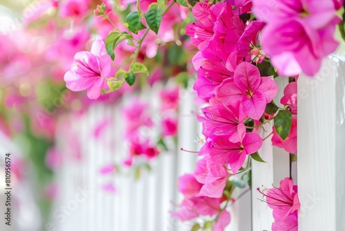 pink bougainvillea blooming bush on white fence in the garden of classic typical suburban american house © Dina