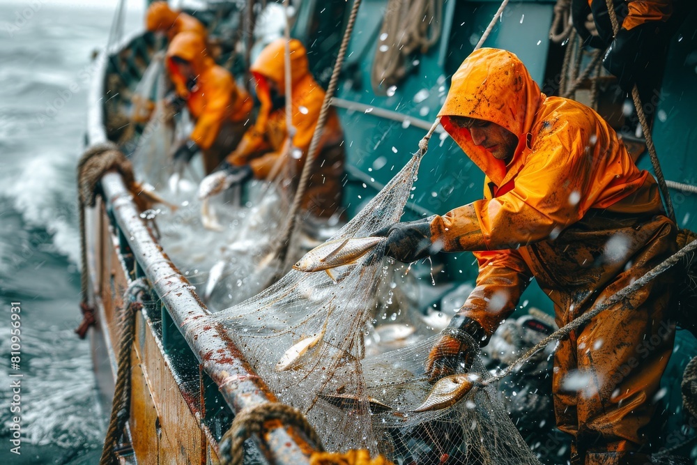 Obraz premium Fishermen in protective gear at sea pulling a fishing net aboard, surrounded by water splashes
