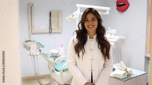 Video portrait of a beautiful, young female dentist at her office