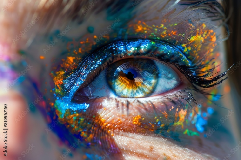 beautiful eye closeup with sunny light and fluorescent paint make up. Synesthesia. 