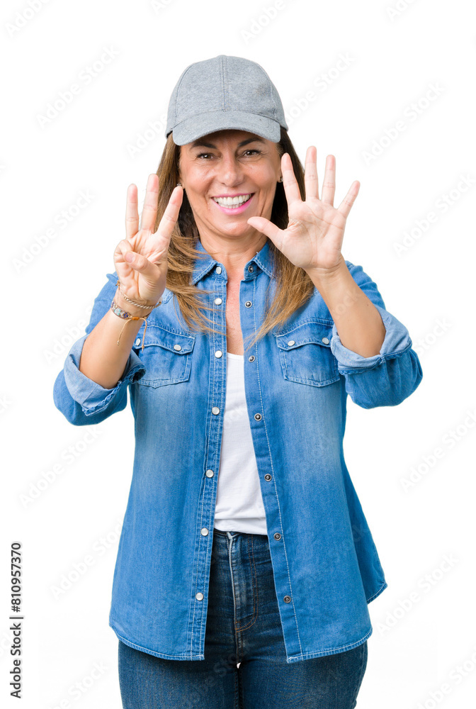 Beautiful middle age woman wearing sport cap over isolated background showing and pointing up with fingers number eight while smiling confident and happy. Beautiful middle age woman wearing sport cap over isolated background showing and pointing up with fingers number eight while smiling confident and happy.