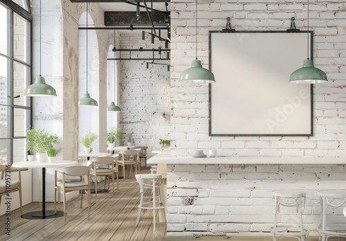 A white brick wall in an American style coffee shop with mint green pendant lights hanging above the bar and chairs around it