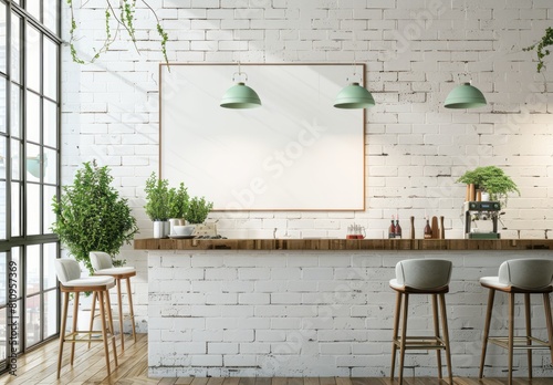 A white brick wall in an American style coffee shop with mint green pendant lights hanging above the bar and chairs around it