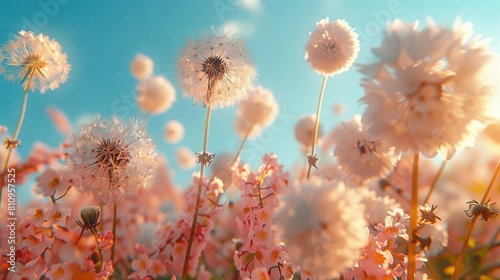  Dandelions blowing in wind against blue sky background with pink flowers in foreground