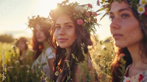 Women wearing flower wreaths in a sun drenched meadow adorned with floral crowns as a symbol of the summer solstice