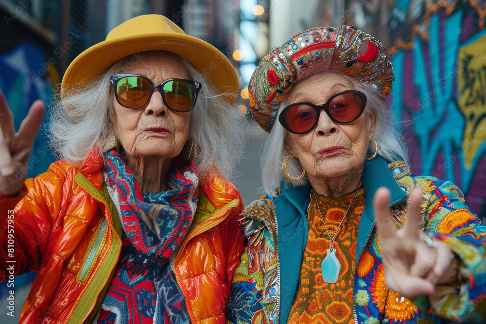 Two stylish elderly ladies posing against a vibrant graffiti backdrop. Fashion and trends at retirement age