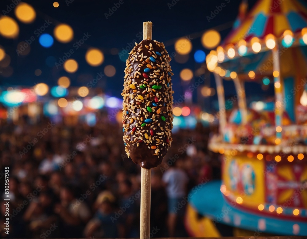 A chocolate-covered banana on a stick, coated in chopped nuts, against a backdrop of a carnival with colorful lights.
A chocolate-covered banana on a stick, coated in chopped nuts, against a backdrop of a carnival with colorful lights.