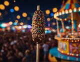A chocolate-covered banana on a stick, coated in chopped nuts, against a backdrop of a carnival with colorful lights.
