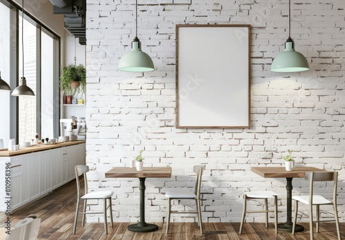 A white brick wall in an elegant cafe with mint green pendant lights hanging above the tables and chairs