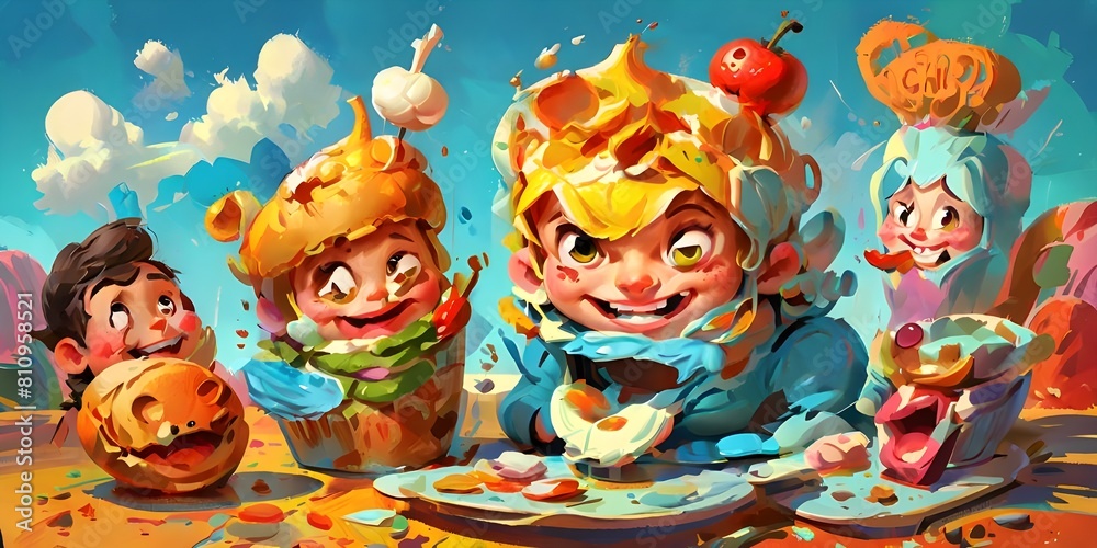 Food, fruits Funny monsters on a blue background. 3d rendering, 3d illustration.
