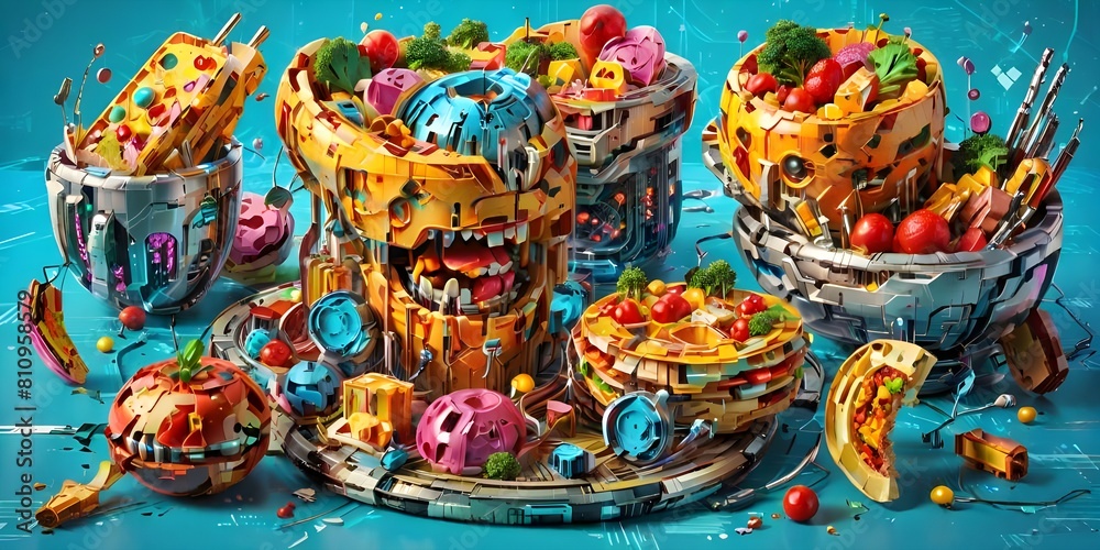 3d illustration of a group of funny robots with different food toys.