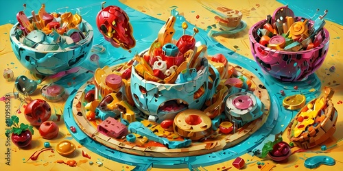Food  fruits Funny monsters on a blue background. 3d rendering  3d illustration.