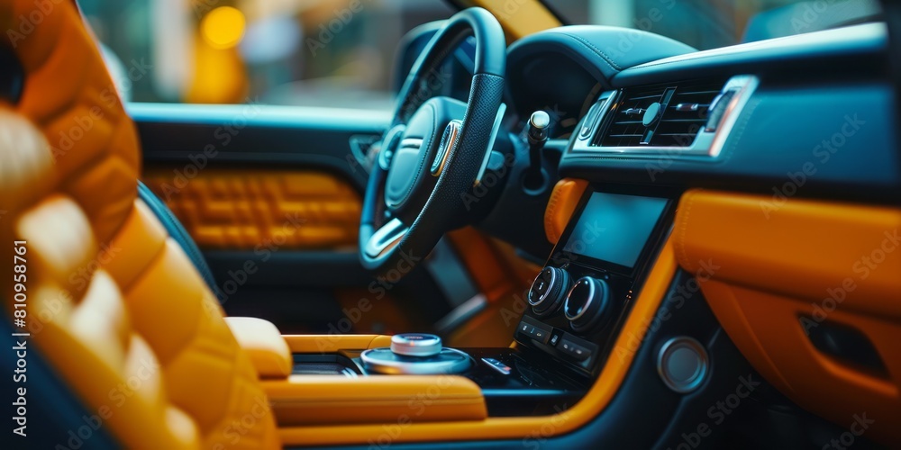 Modern car interior details. Steering wheel, dashboard and dashboard Modern car interior details. Steering wheel, dashboard and dashboard