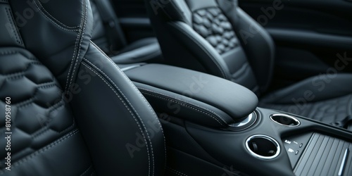 Modern luxury car interior. Black leather seats. Steering wheel. Car detailing. © VAshowcase