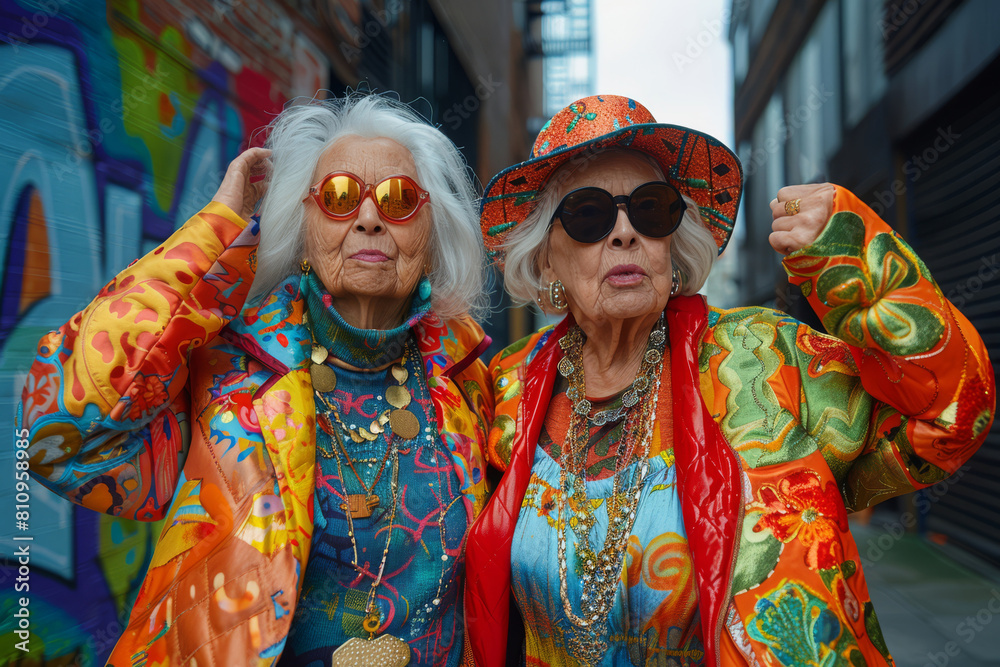 Stylish expressive elderly women friends confidently posing against a backdrop of vibrant graffiti, happy retirement concept