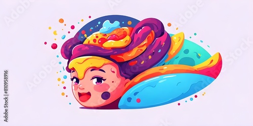 Cute cartoon girl with colorful hair in a hat. Vector illustration