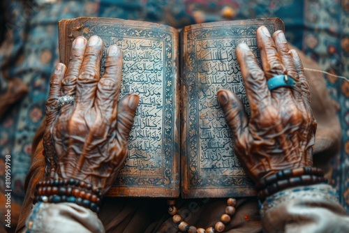 hands hold open the page of an open Quran with Arabic calligraphy, and next to it are rosary beads on a gray background