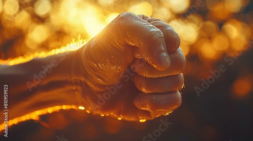 Hand clenched in a fist surrounded by fiery sparks.