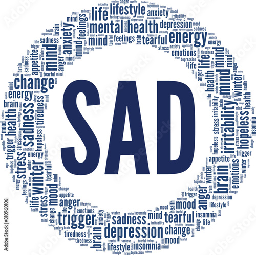 SAD Seasonal Affective Disorder word cloud conceptual design isolated on white background.