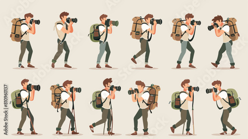 Man with cameras in different poses Vector illustration