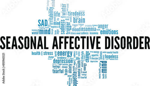 SAD Seasonal Affective Disorder word cloud conceptual design isolated on white background.