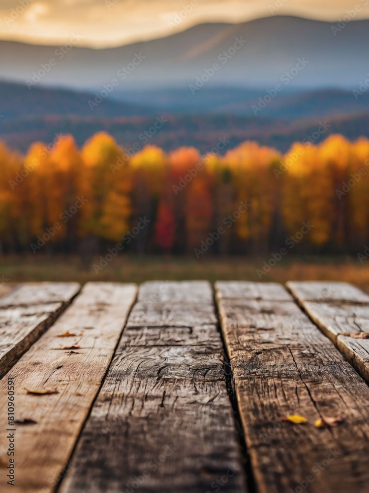 Harvest Hideaway, Wooden Table Amidst Blurred Autumn Scenery
