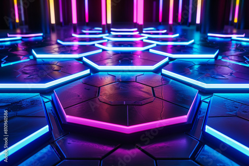 Abstract hexagon floor illuminated by neon lights crafting an atmospheric