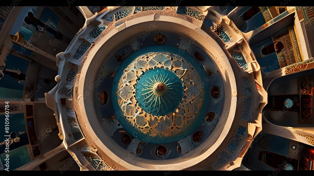 A breathtaking aerial view of a mosque's dome with Quranic verses intricately carved into its architecture