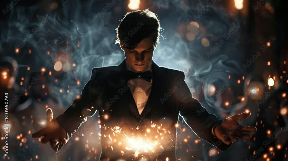 Magician performs spellbinding tricks on stage, captivating audience with mystique and wonder