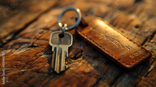 Close-up of a leather keychain with keys on a wooden background. © muji