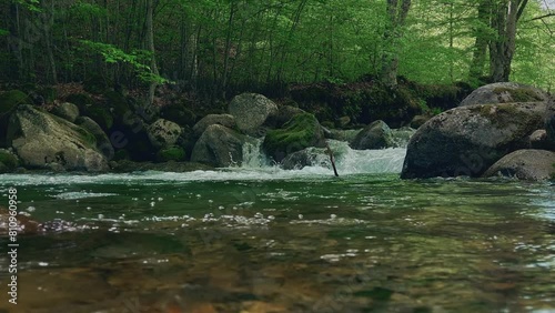 1080p 60fps qualtiy video of a river flowing in the forest close to the water with river sound. photo