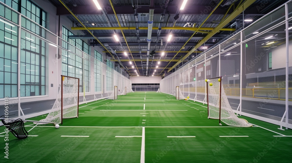 A dedicated lacrosse training establishment with indoor turf, precise goal areas, and net-lined walls for player safety.