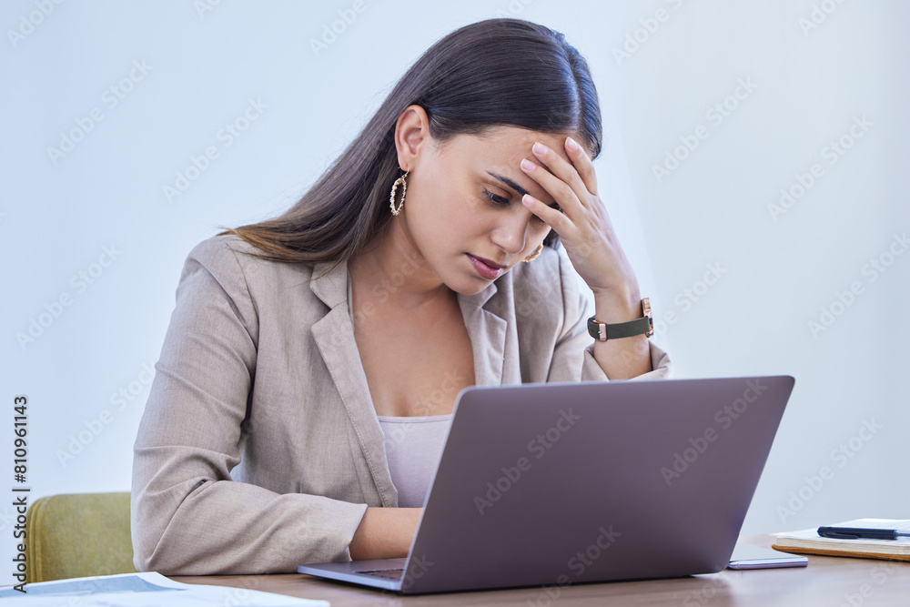 Businesswoman, tired and office with laptop, deadline and anxious for intern goals. Creative writer, professional news editor and expert reporter for content creation, publishing and press startup Businesswoman, tired and office with laptop, deadline and anxious for intern goals. Creative writer, professional news editor and expert reporter for content creation, publishing and press startup