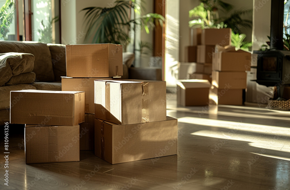 A pile of cardboard packaging boxes on the floor in the living room